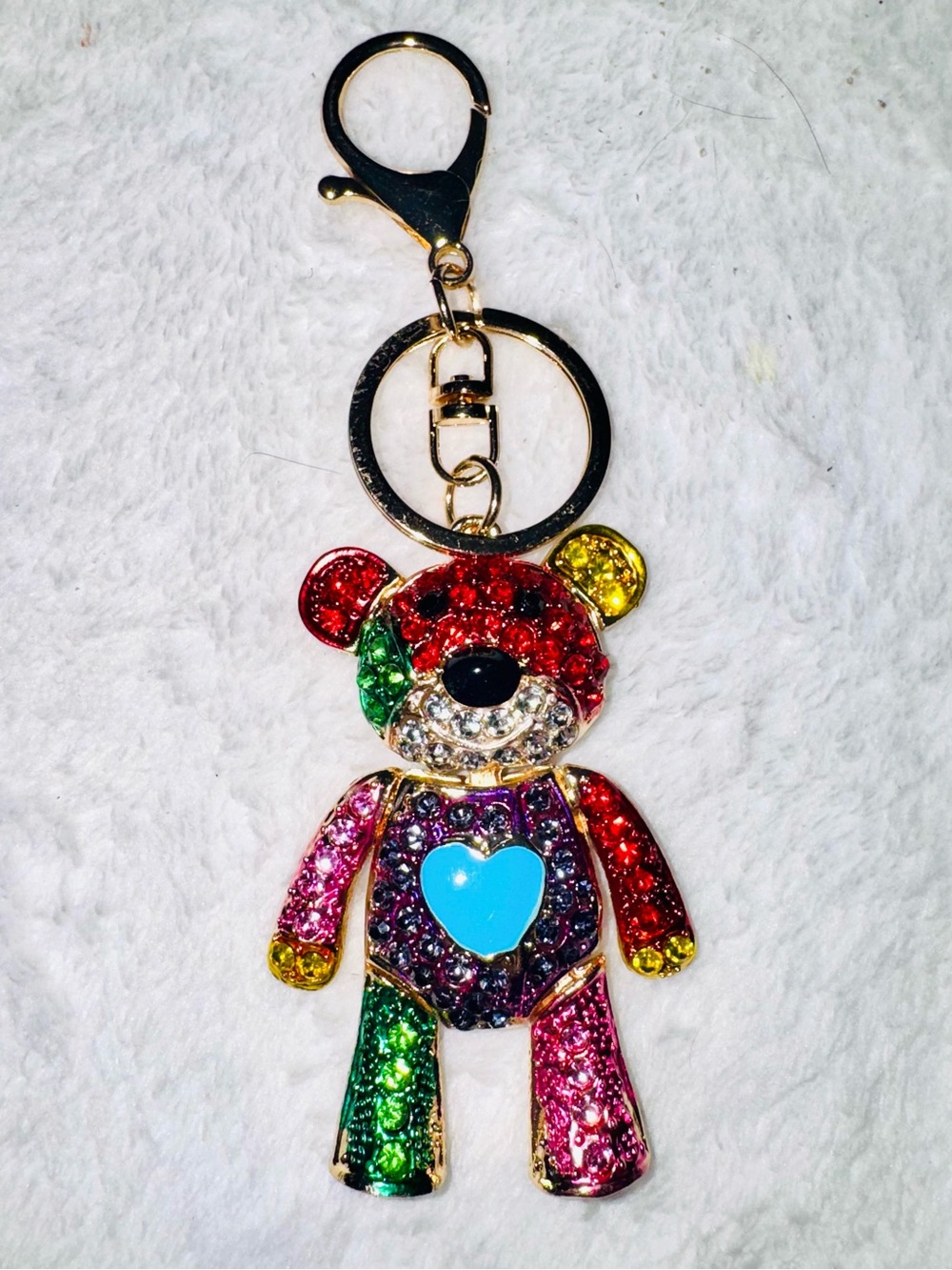 Unbranded Sparkling Multicolor Teddy Bear Keychain with Blue Heart new